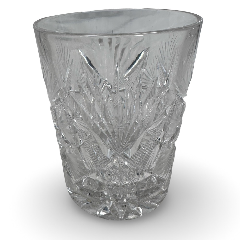 American Brilliant Cut Glass Lowball Glass Star Hobstar Crystal Tumbler Clear